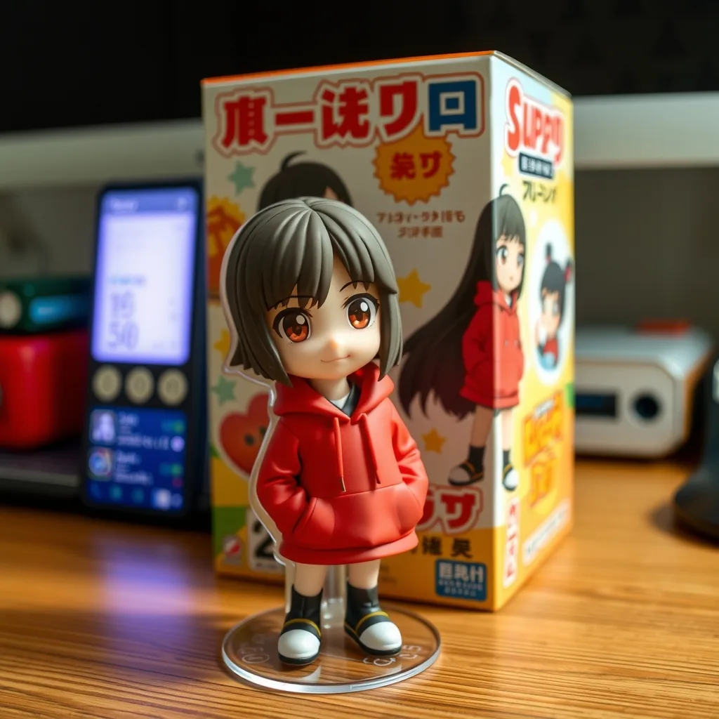 Turn this photo into a collectible figurine on a desk, with a printed toy box behind it showing the same character.