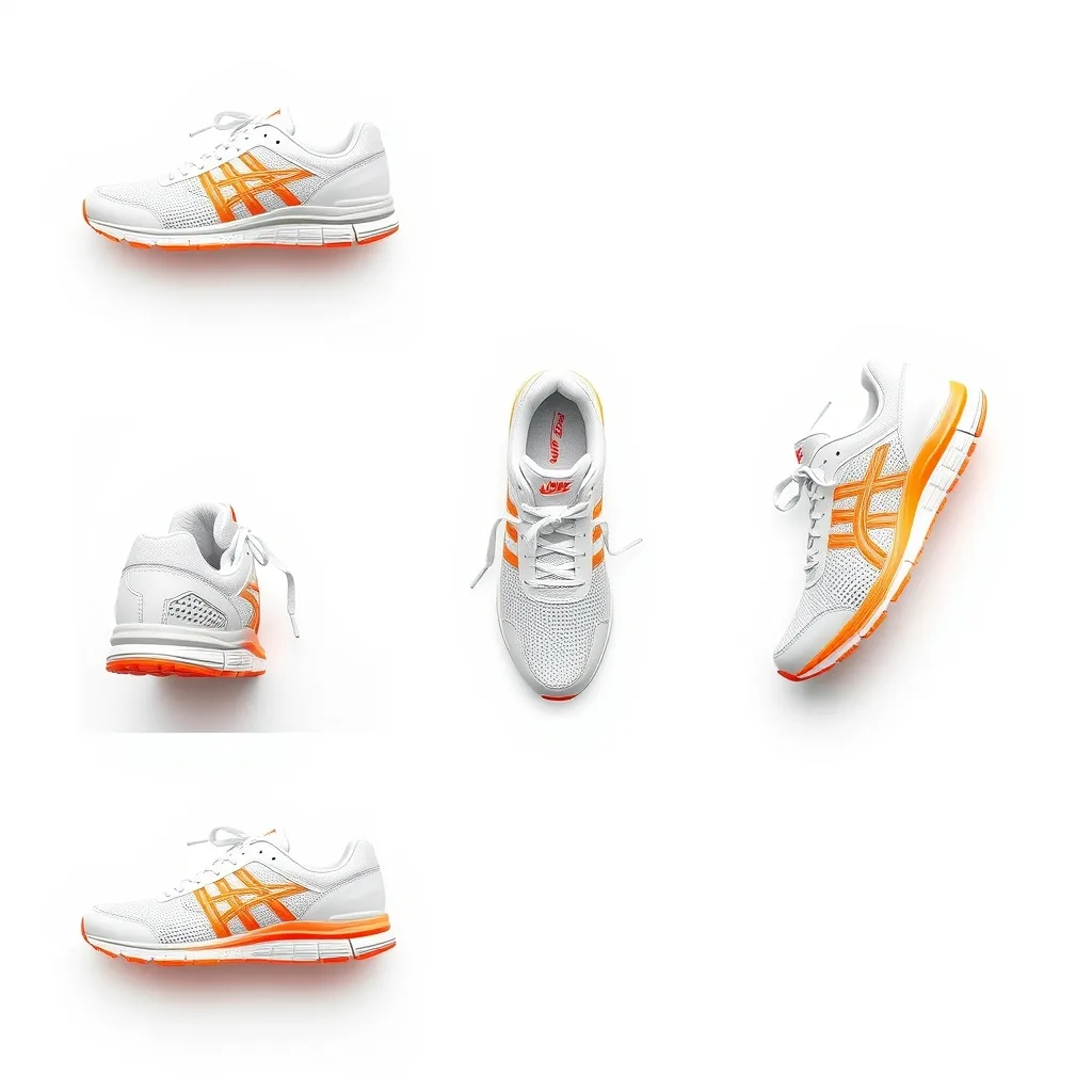 Generate front, back, left, right, top and bottom views of this sneaker on a white background, evenly spaced.