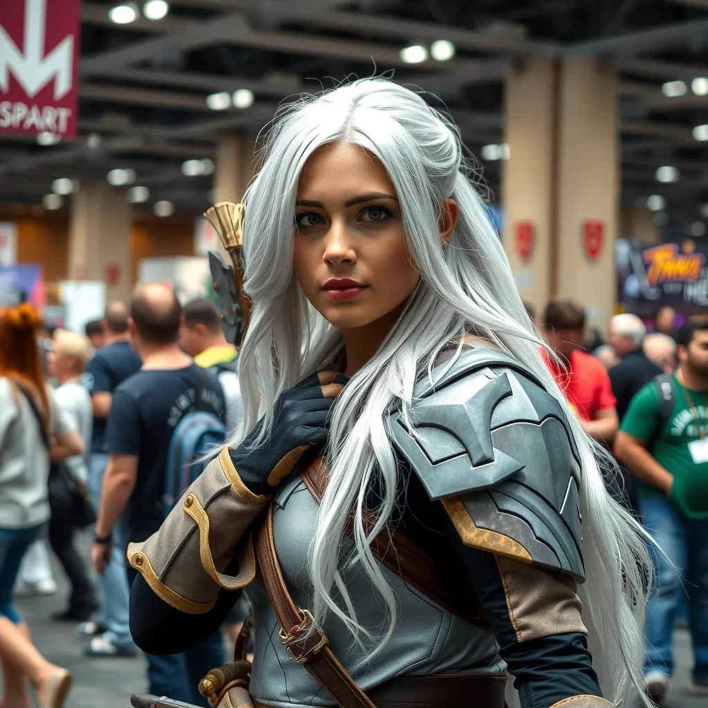 Generate a photo of a cosplayer dressed as this character at a comic convention.
