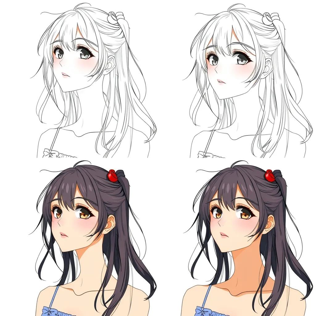 Show the drawing process for this character in four panels: line art, flat colors, shadows, final render.
