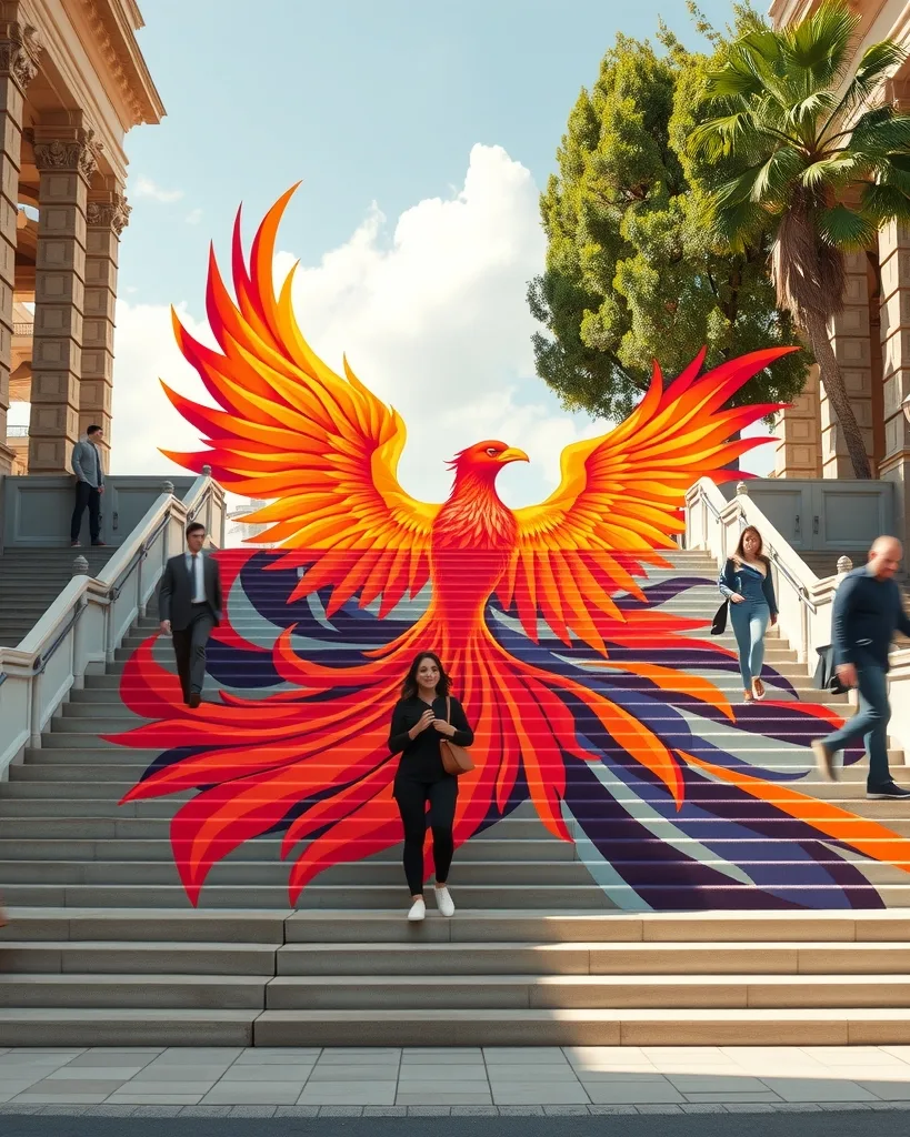 Place the poster from image 1 onto the large staircase in image 2.
