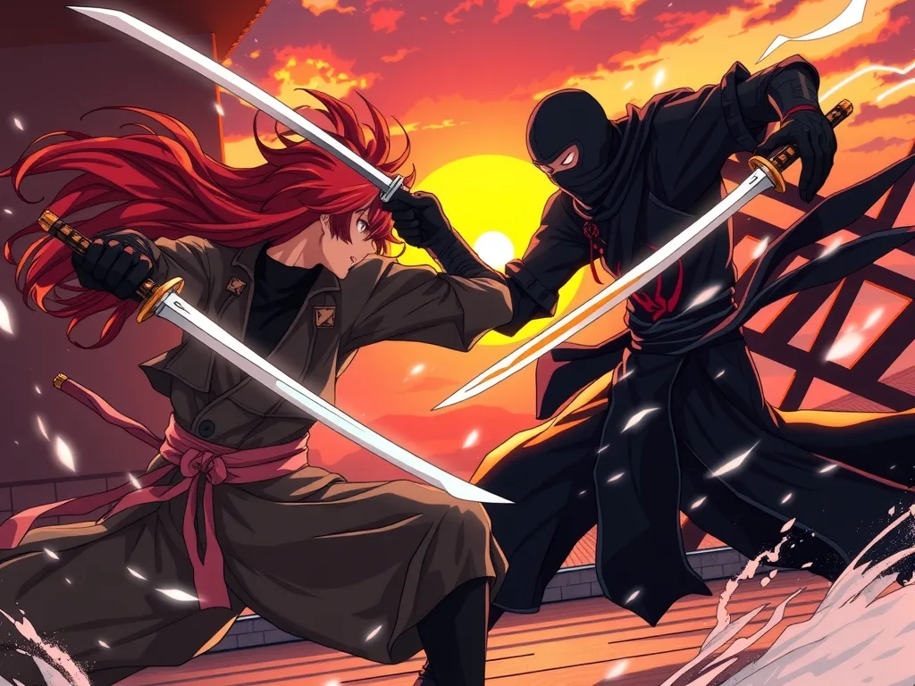 Have these two characters face off in a dynamic fight scene with a fitting background.