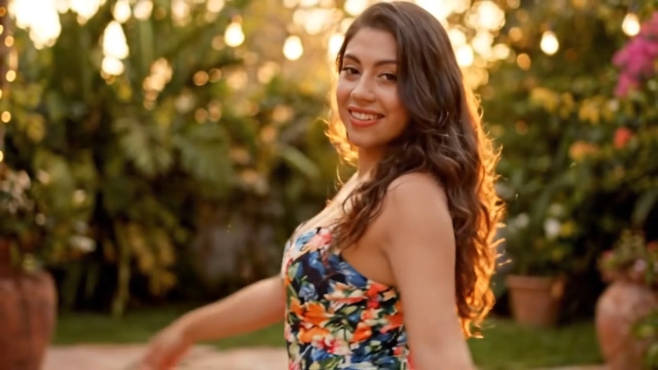 Generate a TikTok-style sway dance from the uploaded photo: the person lifts both arms behind the head and swings hips side-to-side in a smooth repeating loop, playful expression, ends with a flirty wink. No camera movement, warm soft lighting.