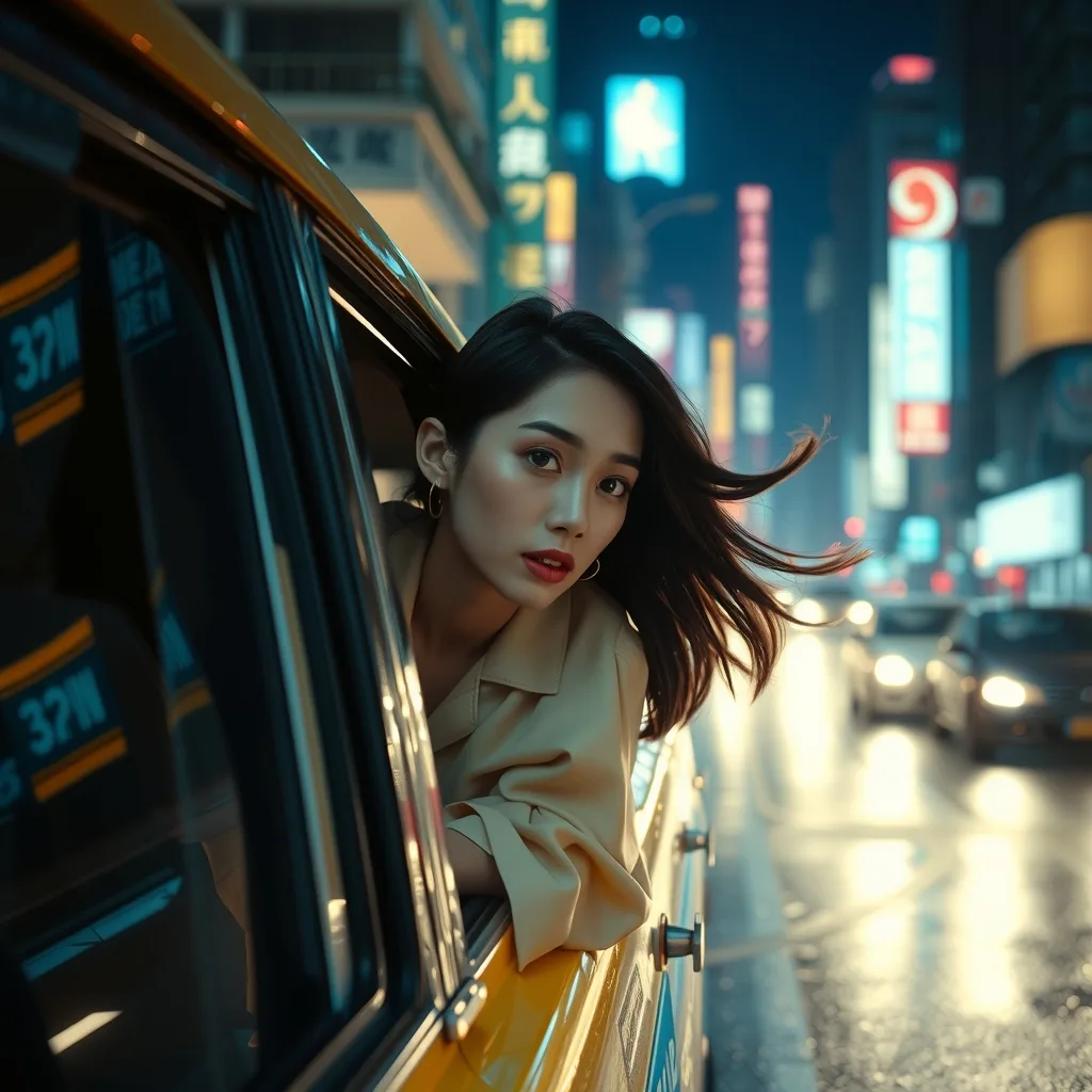 Cinematic photo of a woman in a cream silk blouse leaning out of a vintage taxi window on a rainy neon night in Hong Kong, motion-blurred city lights, wind in her dark hair, moody film still.