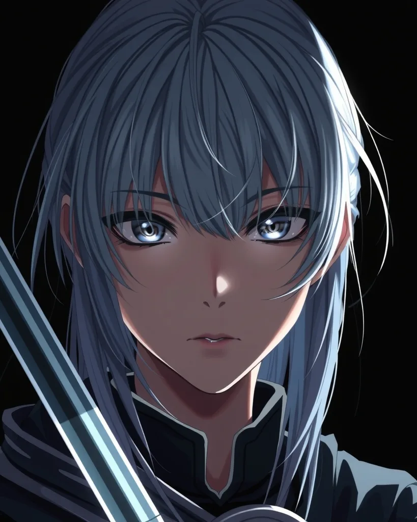 Semi-realistic anime portrait of a young swordswoman against a pure black background, a single narrow spotlight on her face, silver hair falling across her eyes, calm intense gaze, dramatic chiaroscuro.