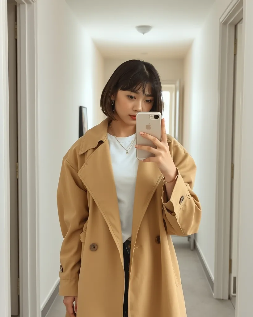Mirror selfie of a young woman with a short bob haircut in an oversized beige trench coat and white tee, holding a phone, minimal apartment hallway, soft daylight, natural look.