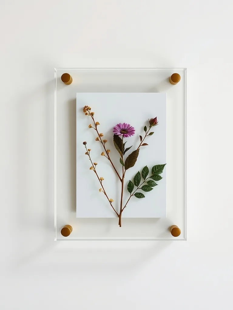 Front view product photo of a layered acrylic display frame holding pressed flowers and dried leaves, mounted on a white wall with brass standoff screws, crisp shadows, minimal styling.