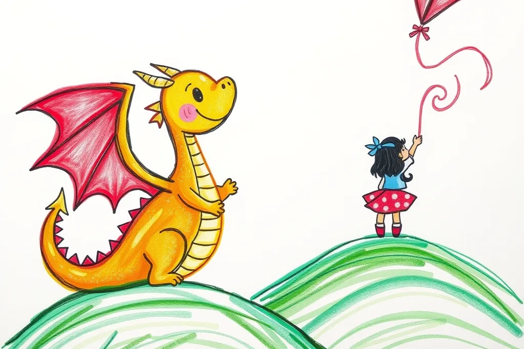 Crayon drawing on white paper in children's book style, a little dragon and a girl flying a red kite over green hills, glitter accents, cheerful colors, naive charming lines.