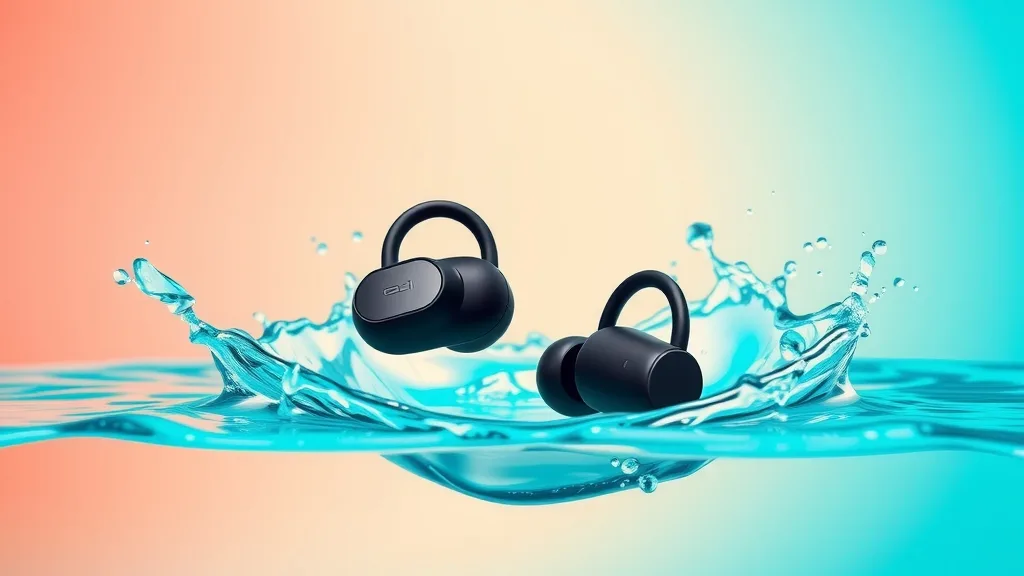 Bold product ad photo of a pair of wireless earbuds floating above a splash of turquoise water, vibrant gradient background, high-speed photography, commercial look.