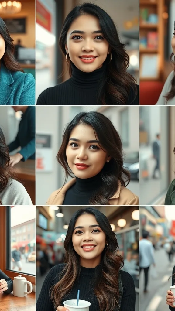 Instagram-style 3x3 grid of nine portraits of the same woman in different cafes and streets, consistent face and hairstyle, varied outfits, bright lifestyle photography.