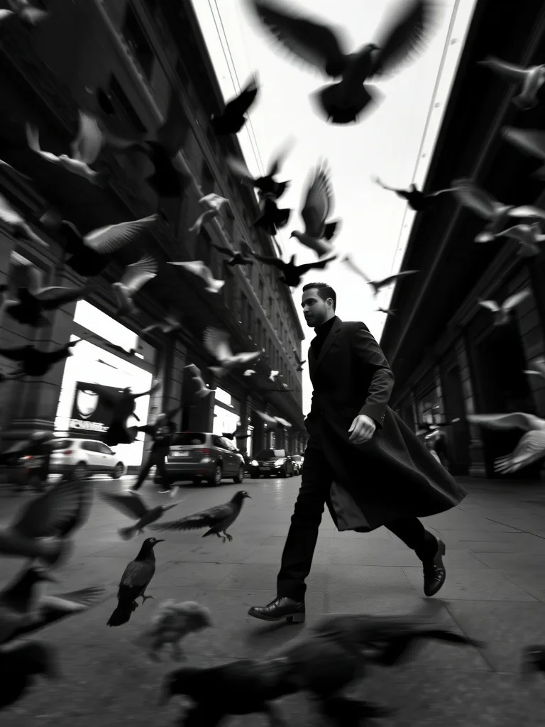 Frozen motion street photograph in film noir style, a man in a long coat mid-stride as pigeons burst into the air around him, dramatic high-contrast black and white.