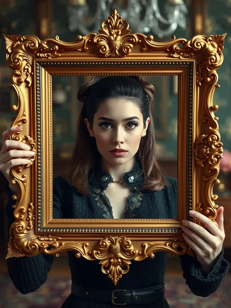 Surreal photo of a woman holding an ornate gold picture frame that contains the same image of her holding the frame, infinite recursion, vintage parlor background.