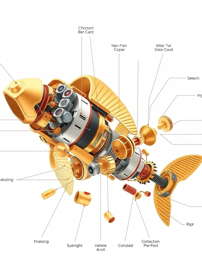 Technical exploded-view illustration of a mechanical koi fish robot, separated brass and copper components floating in alignment with thin callout lines, clean white background.