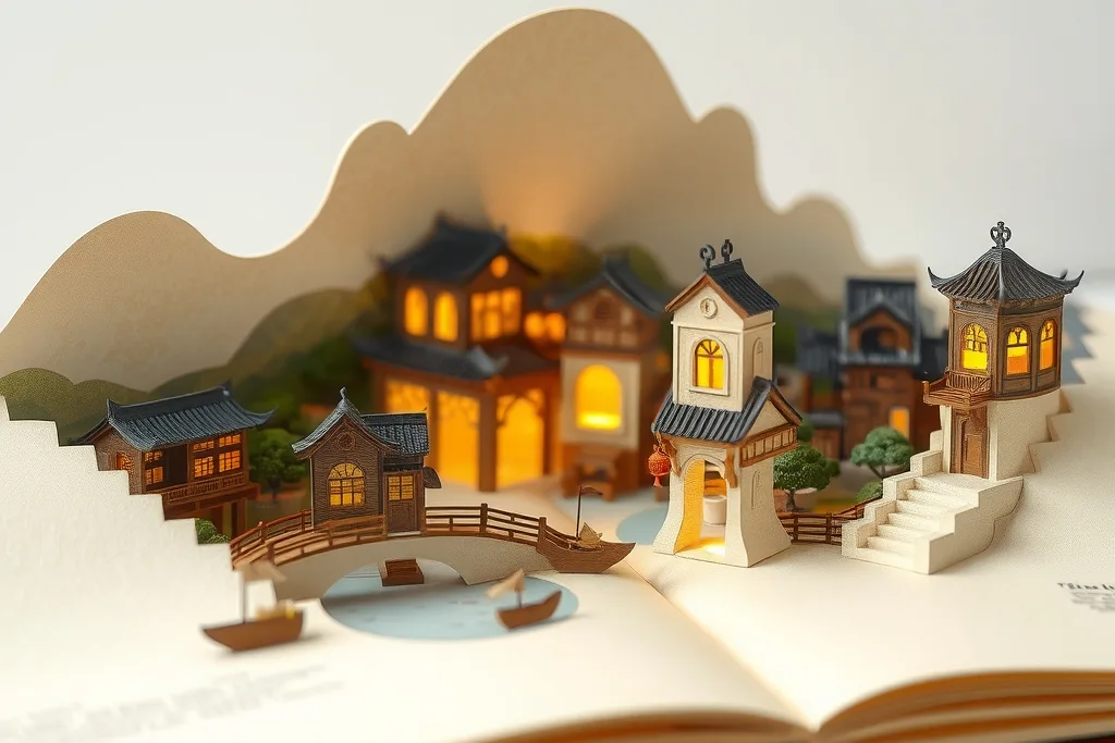 3D pop-up book illustration of a tiny southern water town unfolding from the pages, layered paper bridges and boats, soft warm light, textured paper.