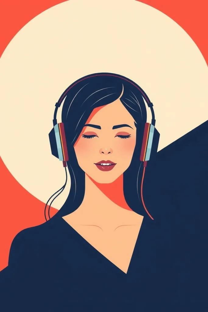 Modern vector poster portrait of a woman with headphones, flat bold shapes, limited palette of coral, navy and cream, clean geometric shadows, graphic design aesthetic.