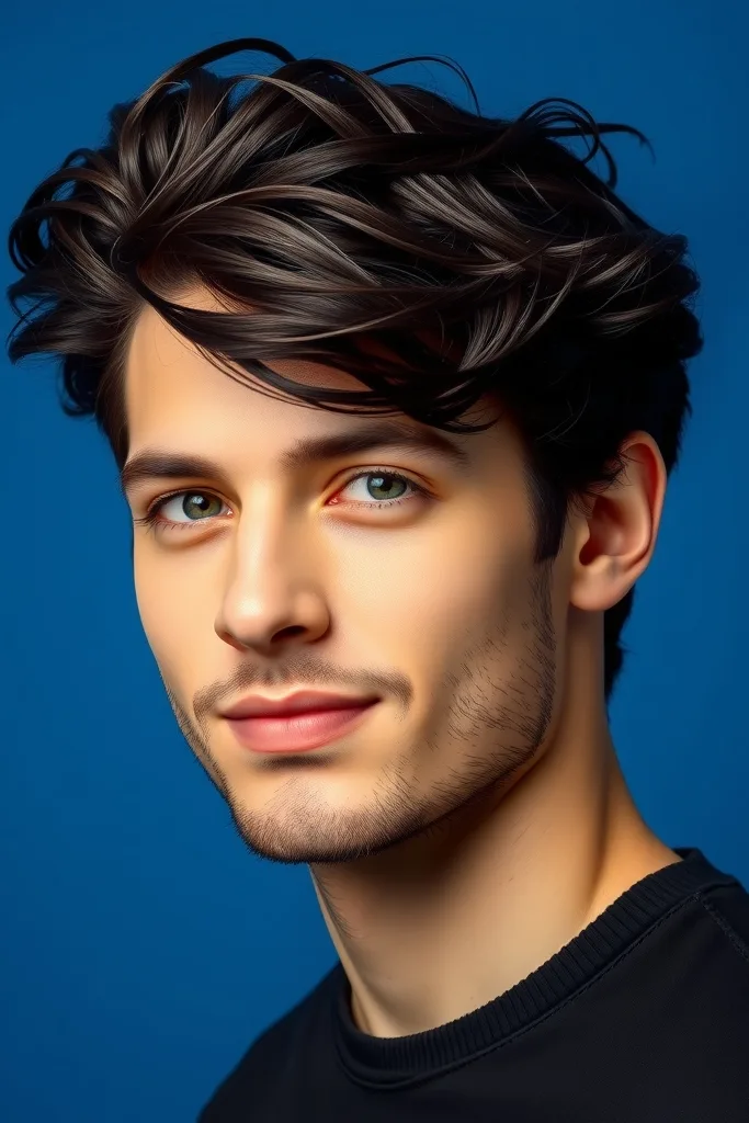 Ultra-realistic portrait of a man with tousled dark hair against a deep cobalt blue background, confident half smile, crisp studio lighting, editorial fashion photo.