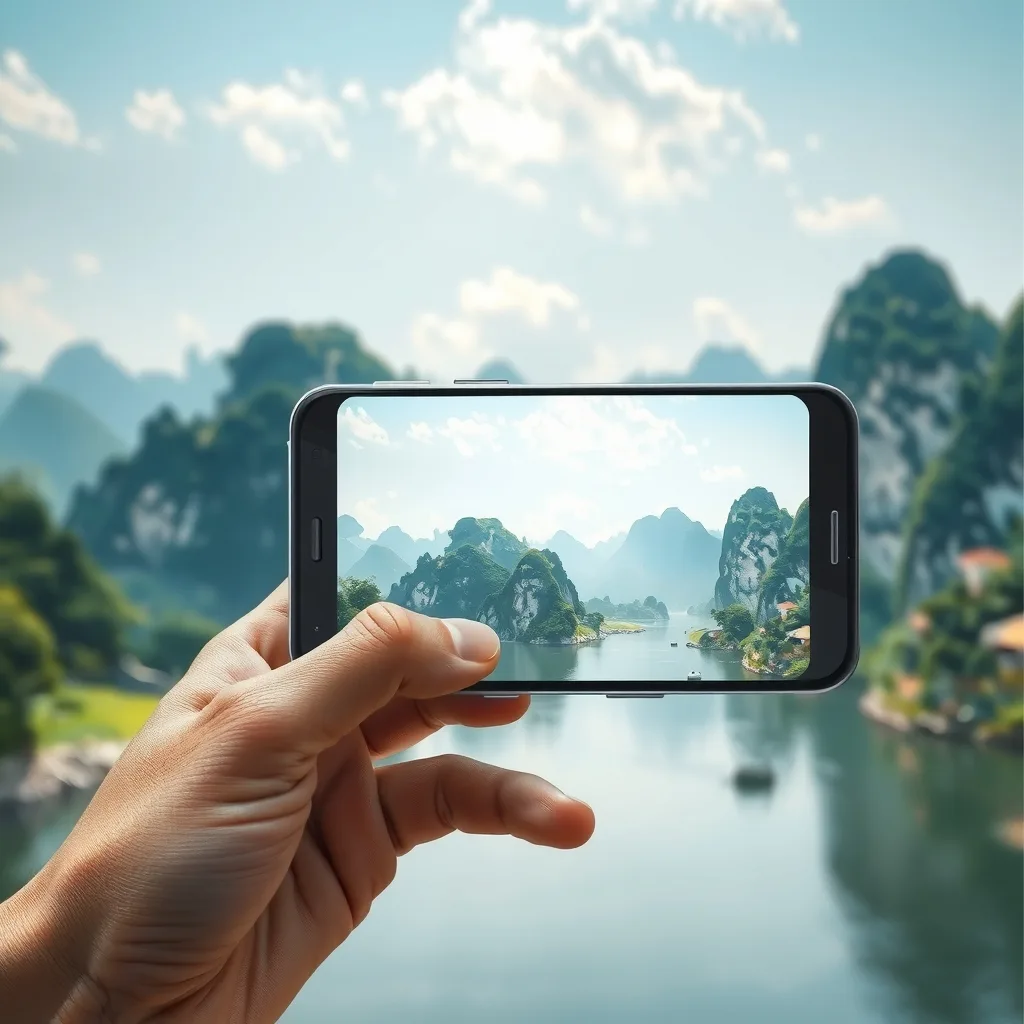 Hyper-realistic travel ad, a hand holding a smartphone whose screen shows Guilin karst mountains and the Li River that seamlessly extend beyond the phone into the real landscape.
