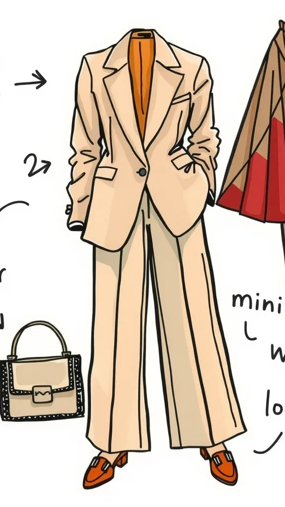Fun outfit-of-the-day fashion collage, paper scribble aesthetic with hand-drawn arrows and labels pointing to a beige blazer, wide trousers, loafers and a mini bag.