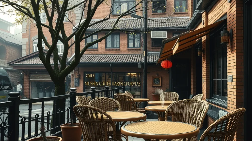Photorealistic morning scene of a cafe terrace in an old Shanghai lane, crisp spring light, wicker chairs, steaming coffee, plane trees and red brick shikumen houses.