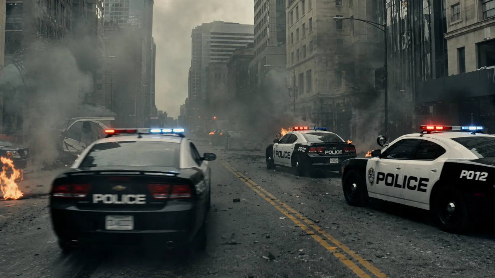 Multiple vehicles transform simultaneously into combat mechs in a city battle, opening on a wide shot of chaos, camera weaving between transforming units as parts shift and lock, then transitioning into a fast-paced tracking shot following one mech engaging enemies, explosions chaining across the environment, ending with a massive coordinated attack.