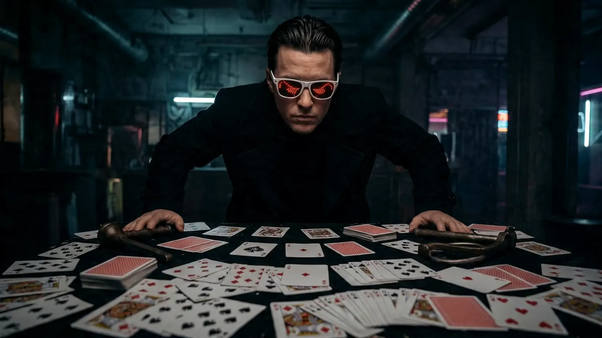 A sharp-dressed gambler in LED-lit sunglasses leans over a card-strewn table in a neon-soaked underground casino, brass tools beside his hands, slow push-in, cinematic noir mood.