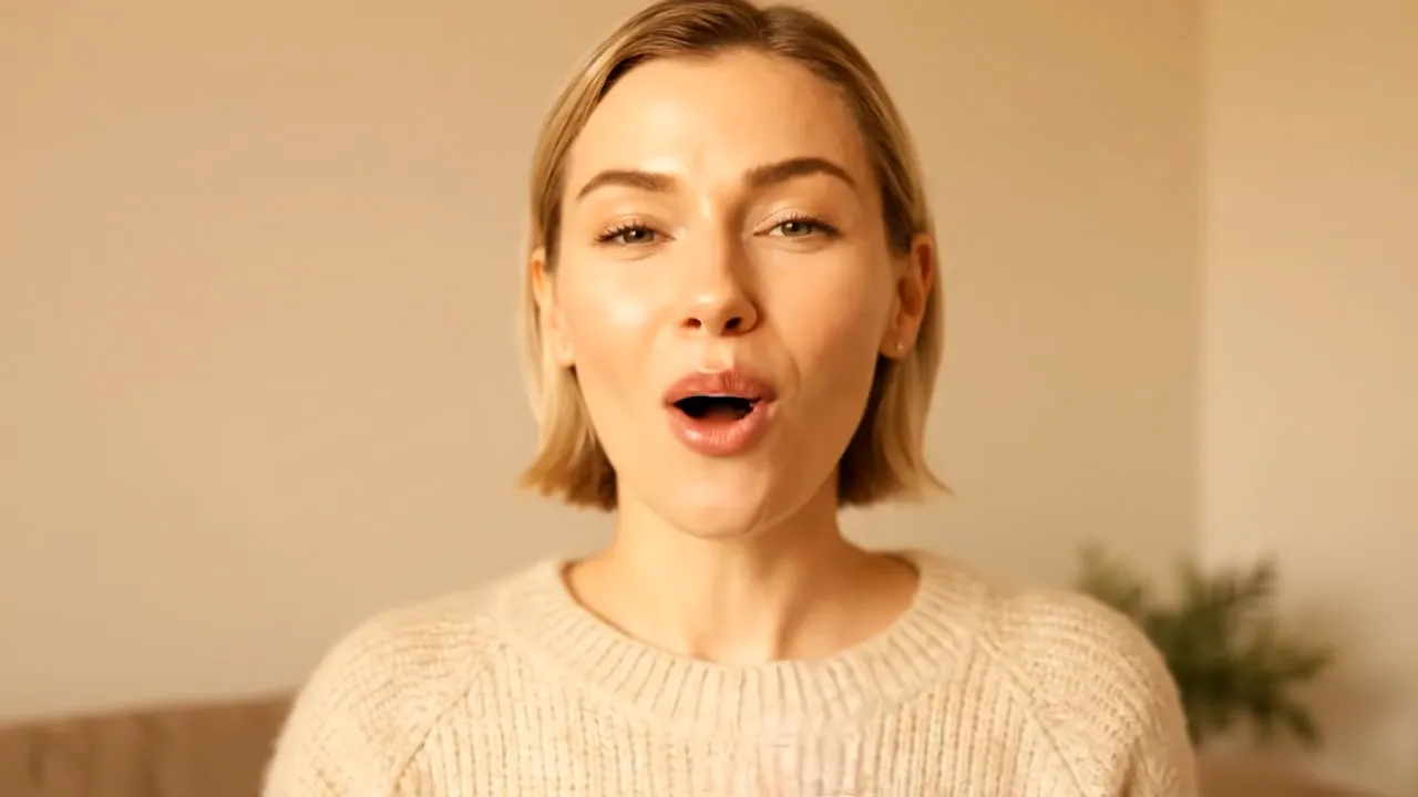 A blonde woman in a cream knit sweater sings softly to camera in a warm sunlit room, gentle close-up, natural lip sync and relaxed expression.