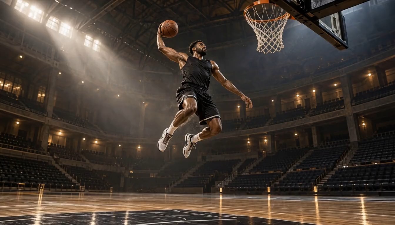 Bullet-time camera orbit around a basketball player frozen mid-air in a slam-dunk pose inside a dark grand arena, dramatic volumetric spotlights, cinematic slow motion.